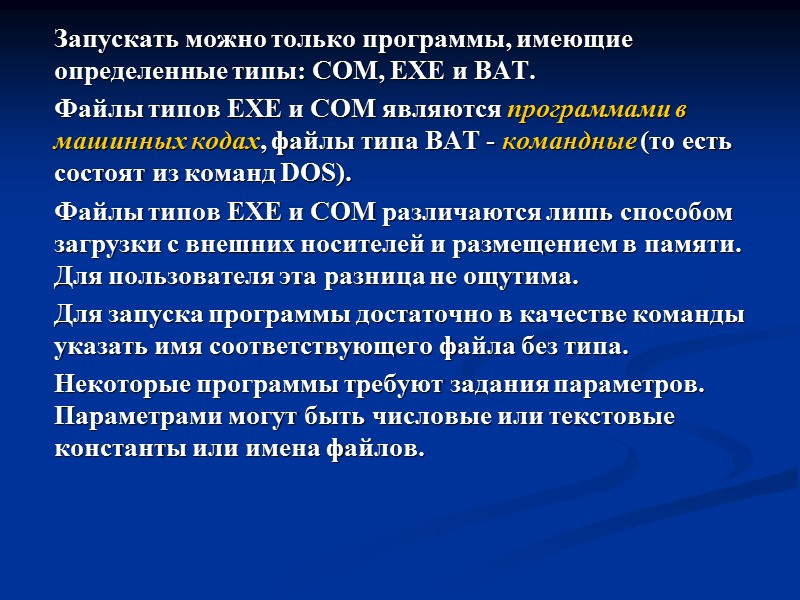 Запускать можно только программы, имеющие определенные типы: COM, EXE и BAT.   Файлы